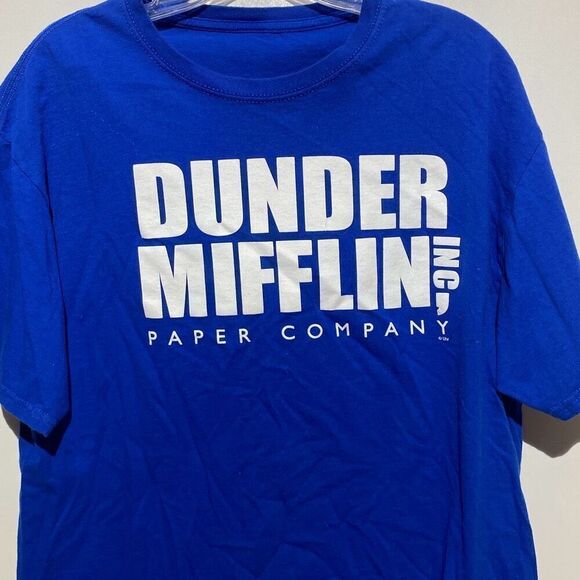 Women's Blue White Dunder Mifflin Inc. Crew Neck Short Sleeve T-Shirt Size Large - Picture 3 of 5